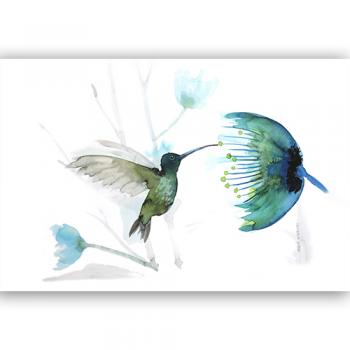 artprint copy print giclee artistic professional Marta Konieczny best beautiful gallery modern art for present for gift for bedroom for salon on wall for birthday for order botanical hummingbird watercolor green flower blue flying